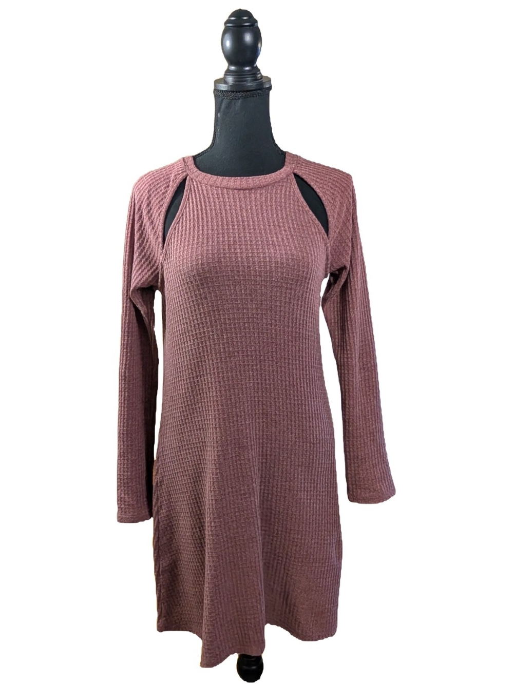 Full Tilt Mauve Waffle Knit Long Sleeve Cutout Dress